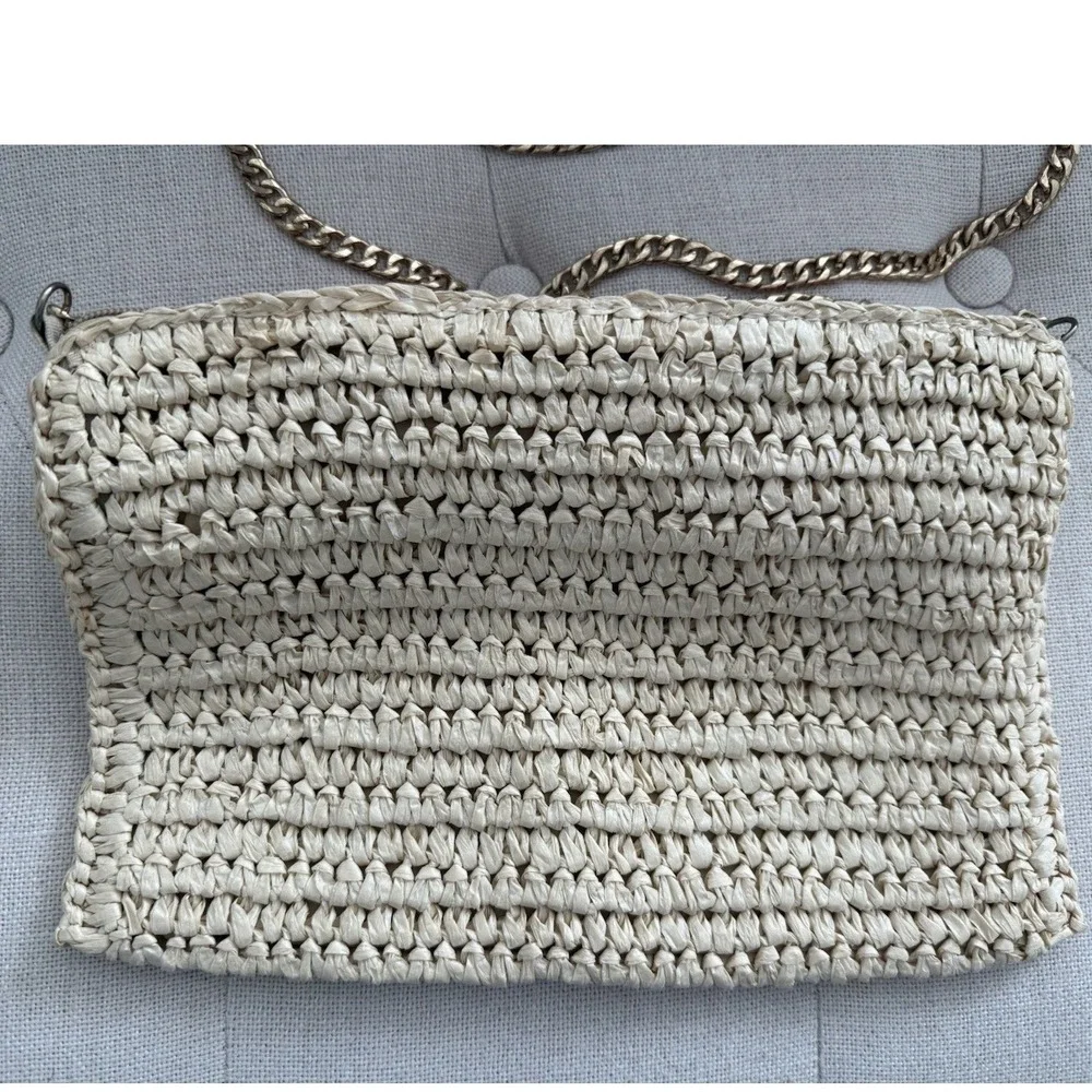 Pom Pom Crossbody Purse Straw Crochet Bag‎ 7.5H X 11.5L Shinny Gold Chain 22